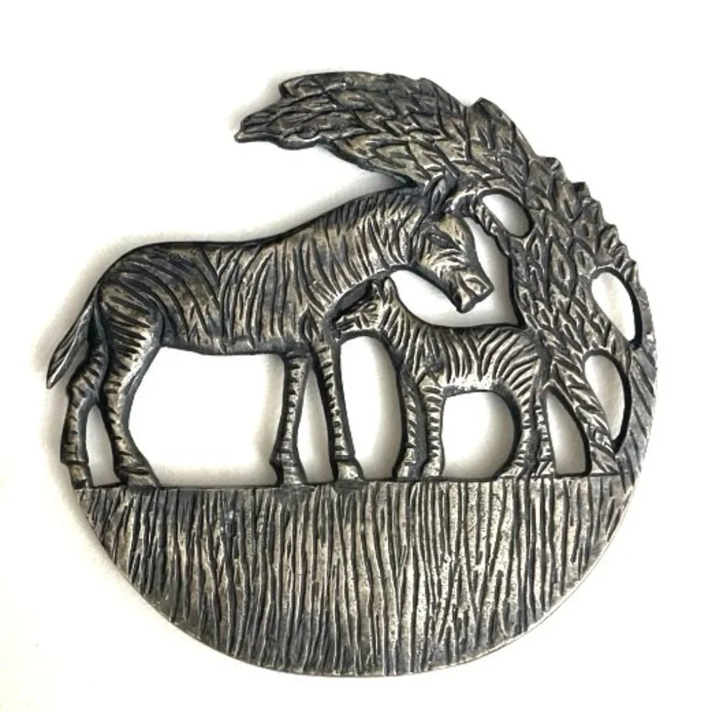 Zebra Metal Trivet‎ Adult & Baby Silver Toned Footed Safari Novelty